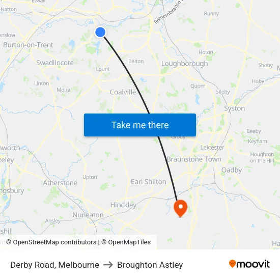 Derby Road, Melbourne to Broughton Astley map