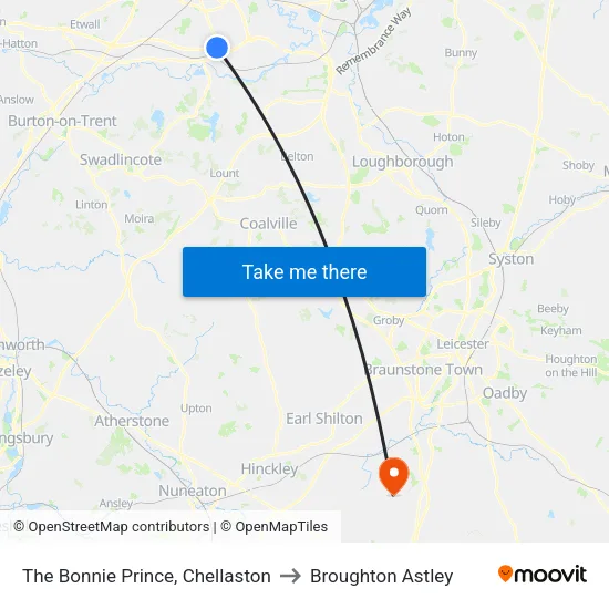 The Bonnie Prince, Chellaston - Derby to Broughton Astley map