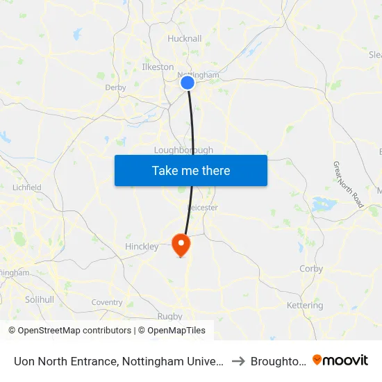 Uon North Entrance, Nottingham University Main Campus (Un14) to Broughton Astley map