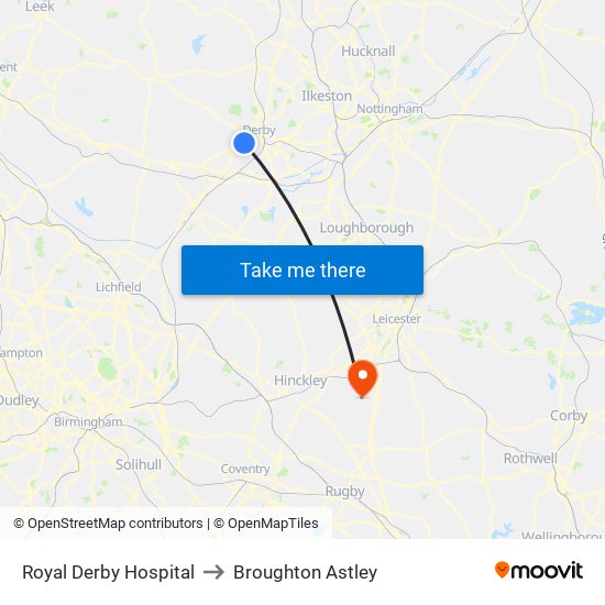 Royal Derby Hospital to Broughton Astley map