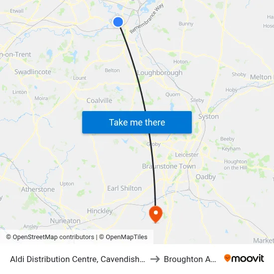 Aldi Distribution Centre, Cavendish Bridge to Broughton Astley map