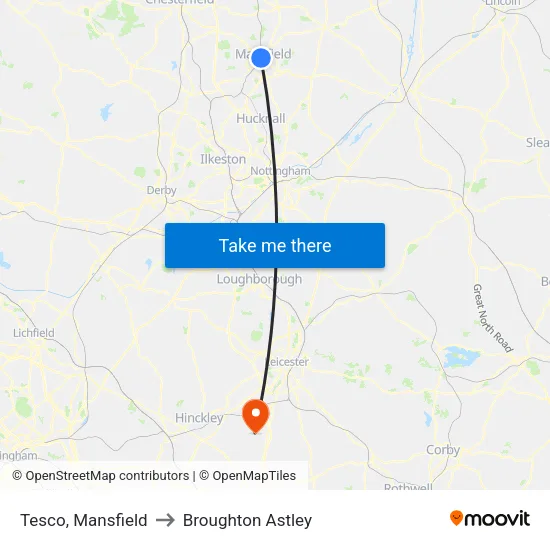 Tesco, Mansfield to Broughton Astley map