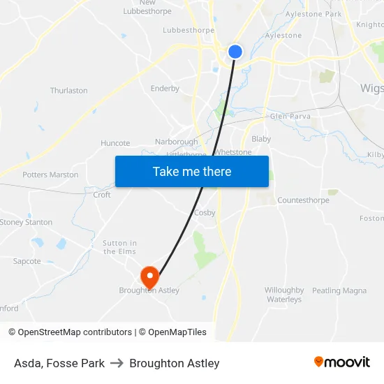 Asda, Fosse Park to Broughton Astley map