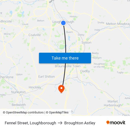 Fennel Street, Loughborough to Broughton Astley map