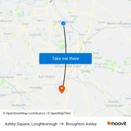 Ashby Square, Loughborough to Broughton Astley map