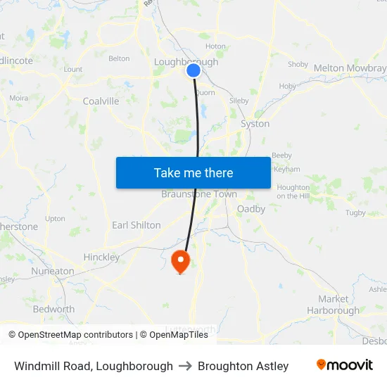 Windmill Road, Loughborough to Broughton Astley map