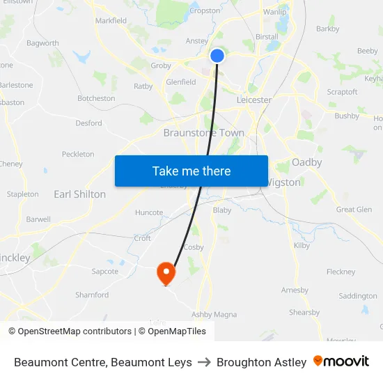 Beaumont Centre, Beaumont Leys to Broughton Astley map