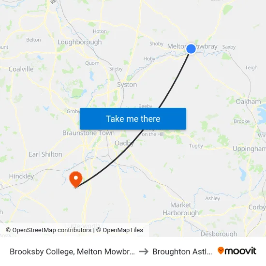 Brooksby College, Melton Mowbray to Broughton Astley map