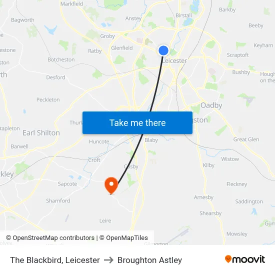 The Blackbird, Leicester to Broughton Astley map