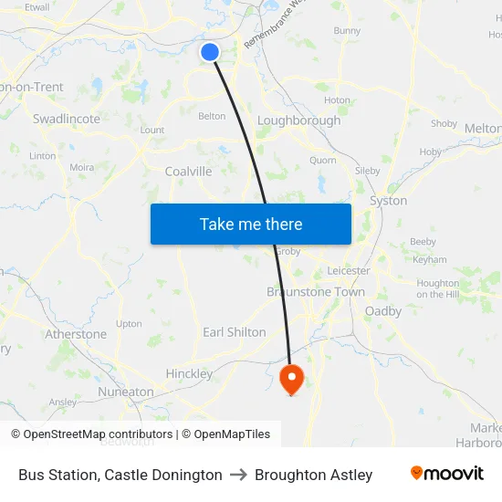 Bus Station, Castle Donington to Broughton Astley map