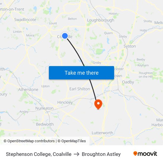 Stephenson College, Coalville to Broughton Astley map