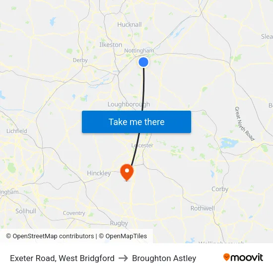 Exeter Road, West Bridgford to Broughton Astley map