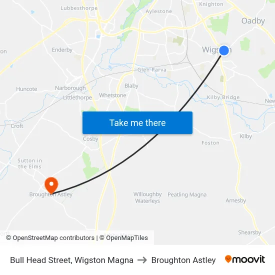 Bull Head Street, Wigston Magna to Broughton Astley map