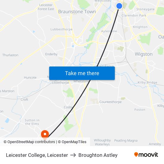 Leicester College, Leicester to Broughton Astley map