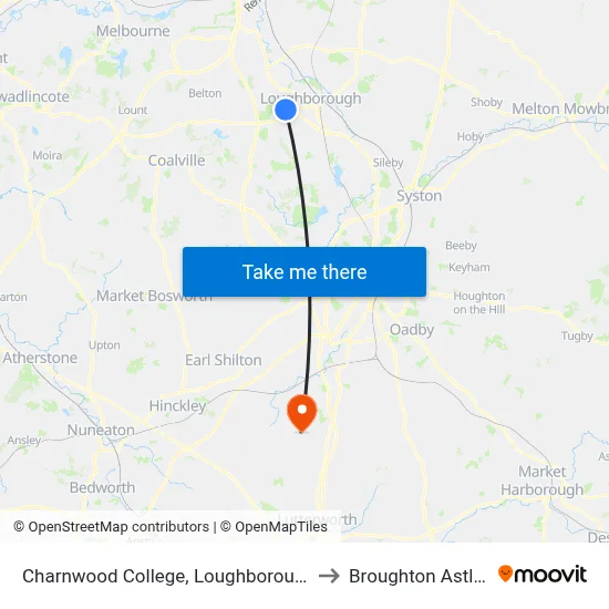 Charnwood College, Loughborough to Broughton Astley map