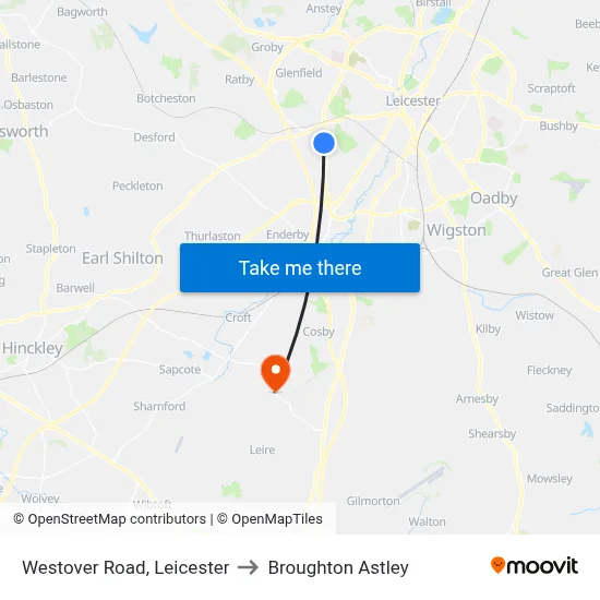 Westover Road, Leicester to Broughton Astley map