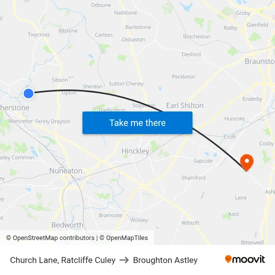Church Lane, Ratcliffe Culey to Broughton Astley map