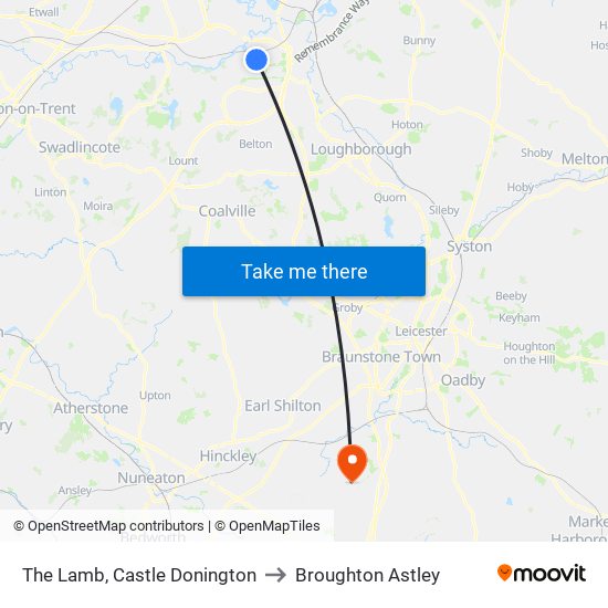 The Lamb, Castle Donington to Broughton Astley map