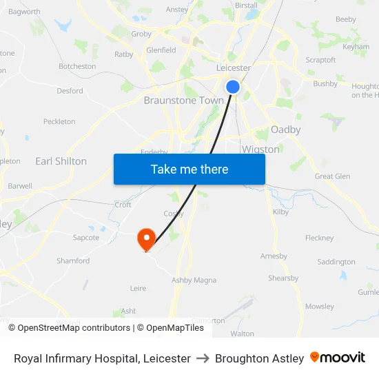 Royal Infirmary Hospital, Leicester to Broughton Astley map