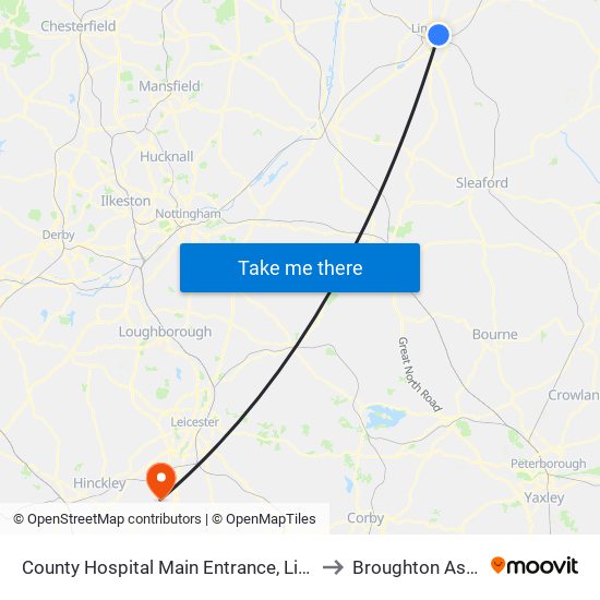 County Hospital Main Entrance, Lincoln to Broughton Astley map