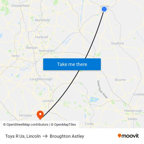 Toys R Us, Lincoln to Broughton Astley map