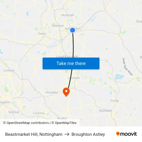 Beastmarket Hill, Nottingham to Broughton Astley map