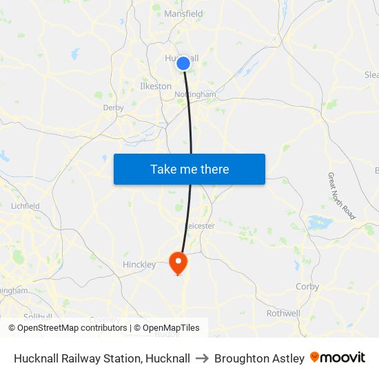 Hucknall Railway Station, Hucknall to Broughton Astley map