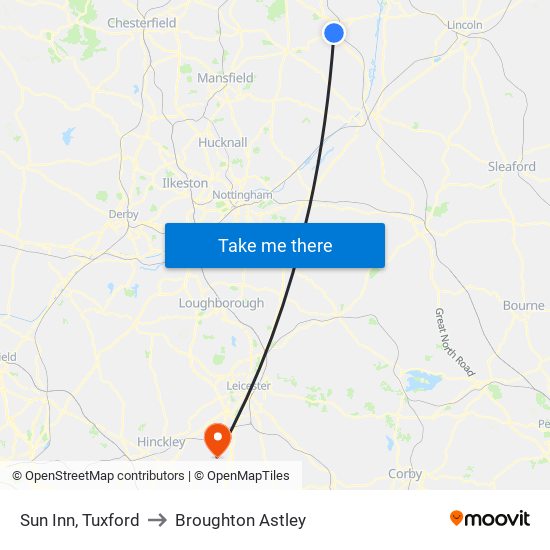 Sun Inn, Tuxford to Broughton Astley map