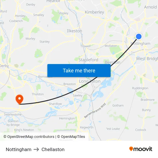 Nottingham to Chellaston map