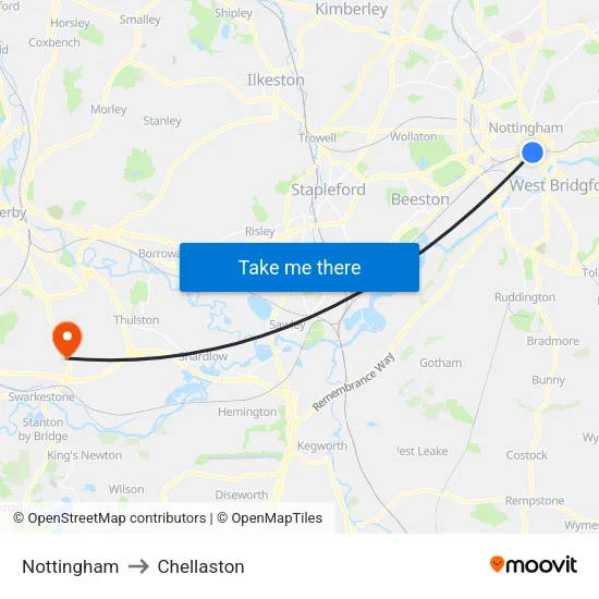 Nottingham to Chellaston map