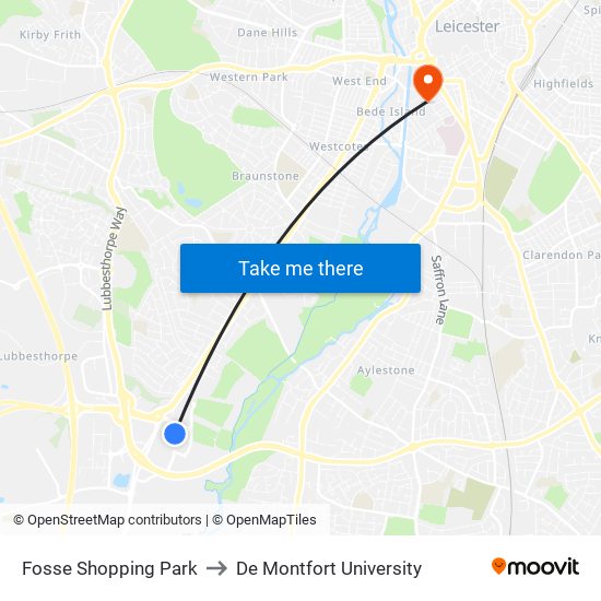 Fosse Shopping Park to De Montfort University map