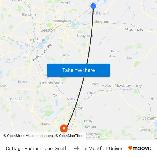 Cottage Pasture Lane, Gunthorpe to De Montfort University map