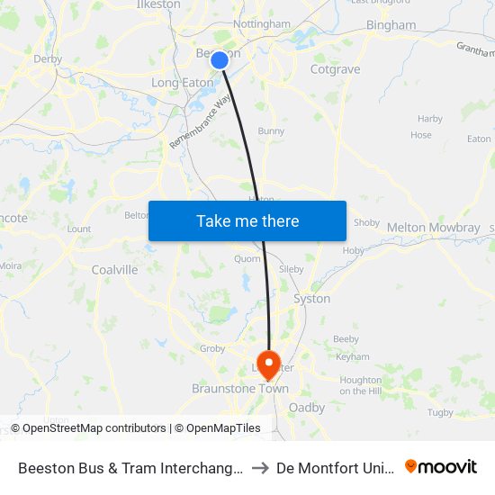 Beeston Bus & Tram Interchange, Beeston to De Montfort University map