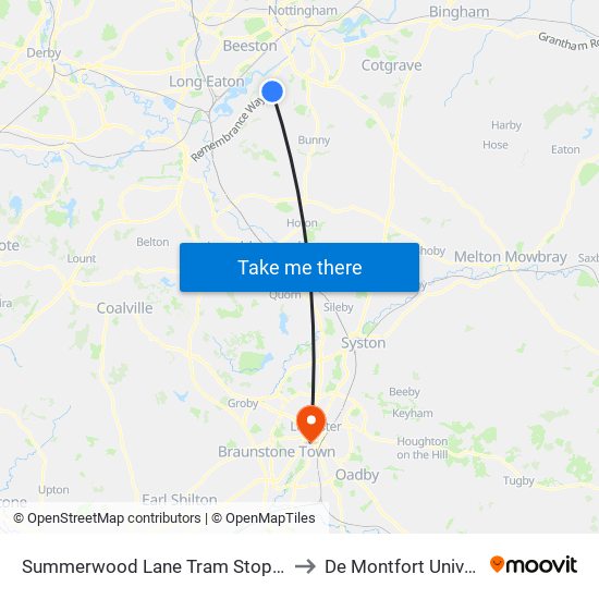 Summerwood Lane Tram Stop, Clifton to De Montfort University map