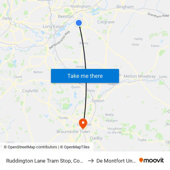 Ruddington Lane Tram Stop, Compton Acres to De Montfort University map