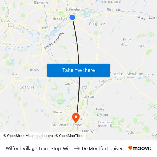 Wilford Village Tram Stop, Wilford to De Montfort University map