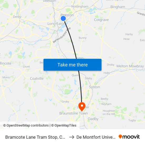 Bramcote Lane Tram Stop, Chilwell to De Montfort University map