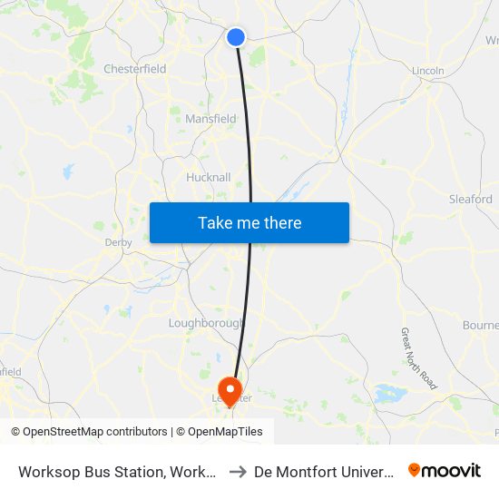 Worksop Bus Station, Worksop to De Montfort University map