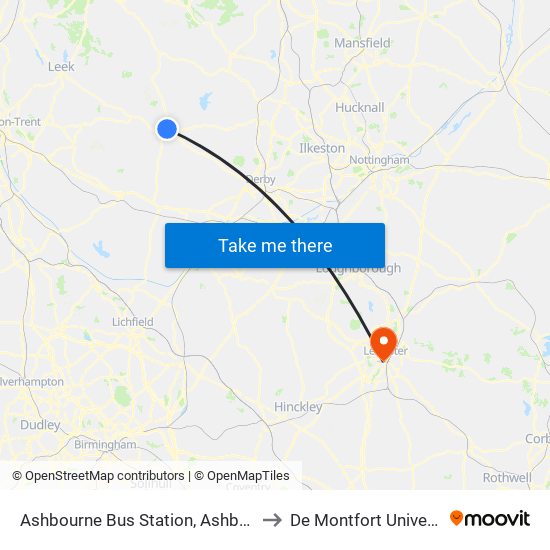 Ashbourne Bus Station, Ashbourne to De Montfort University map