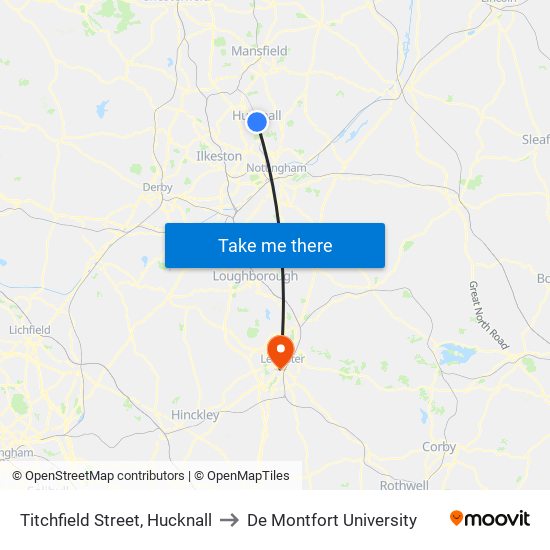 Titchfield Street, Hucknall to De Montfort University map