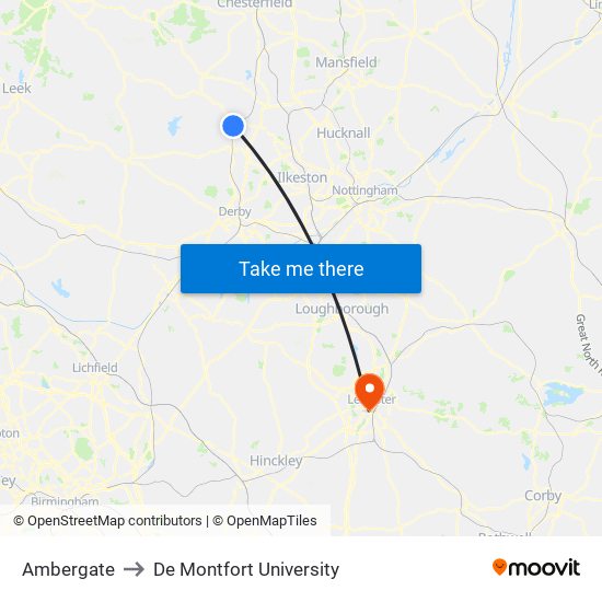 Ambergate to De Montfort University map