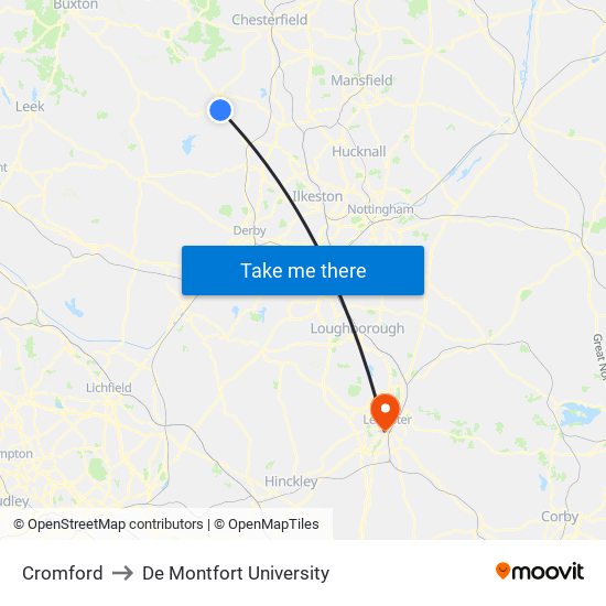 Cromford to De Montfort University map