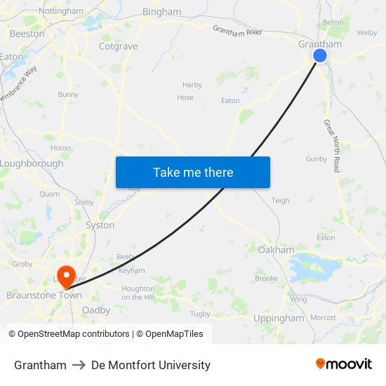 Grantham to De Montfort University map