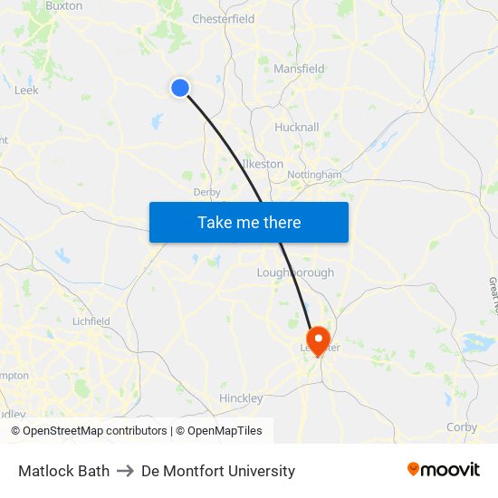 Matlock Bath to De Montfort University map