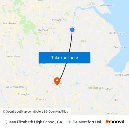 Queen Elizabeth High School, Gainsborough to De Montfort University map