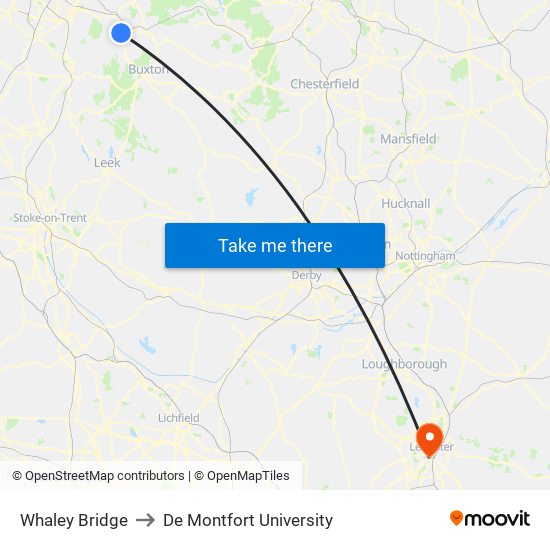 Whaley Bridge to De Montfort University map