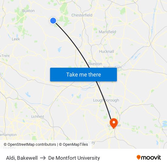 Aldi, Bakewell to De Montfort University map