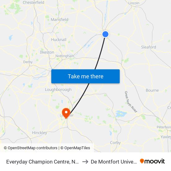 Everyday Champion Centre, Newark to De Montfort University map