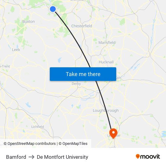 Bamford to De Montfort University map
