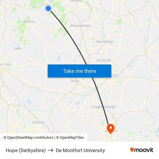 Hope (Derbyshire) to De Montfort University map